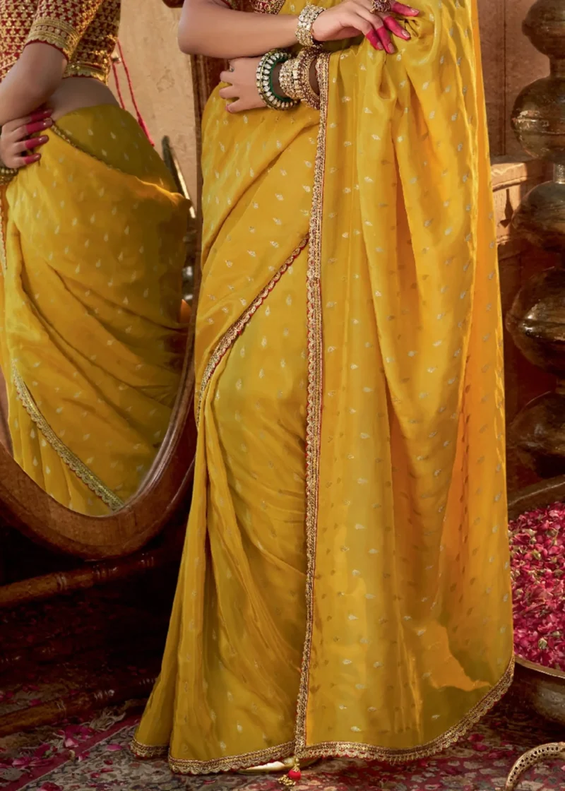Mustard Yellow Banarasi Silk Saree with Embroidered Red Blouse - Image 5