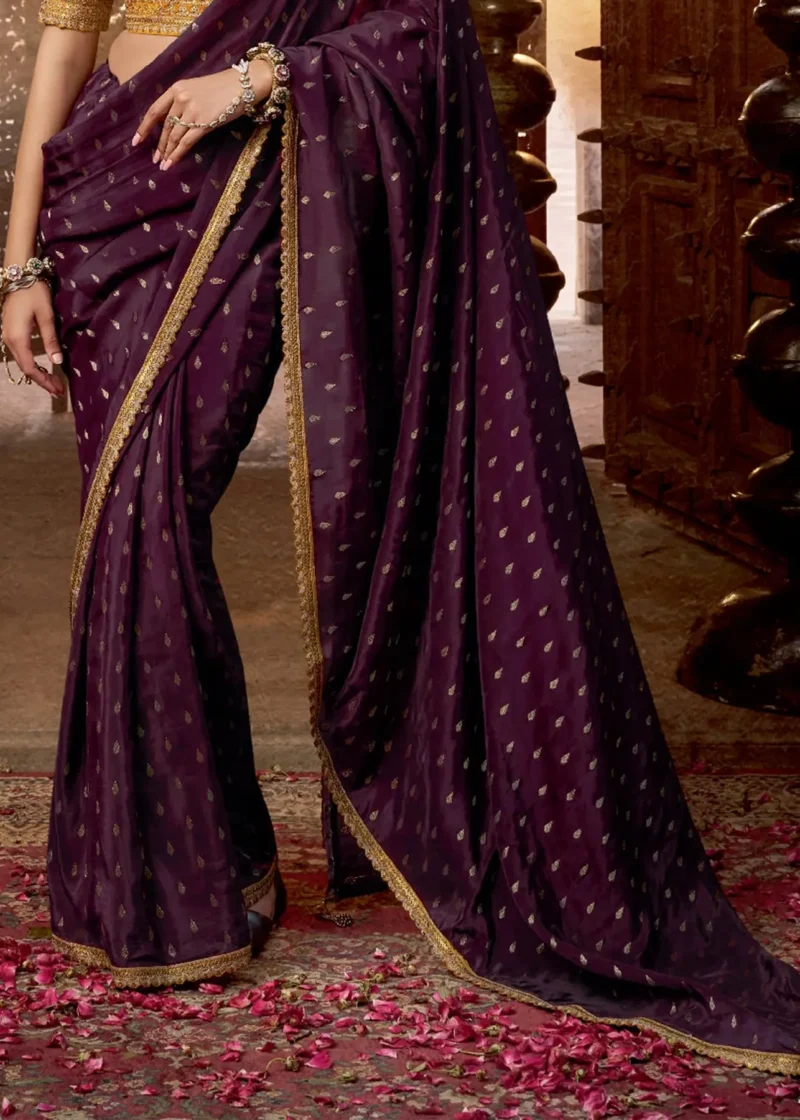 Royal Purple Banarasi Silk Saree with Golden Blouse - Image 4