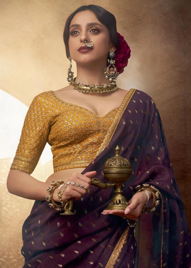 Royal Purple Banarasi Silk Saree with Golden Blouse - Image 3