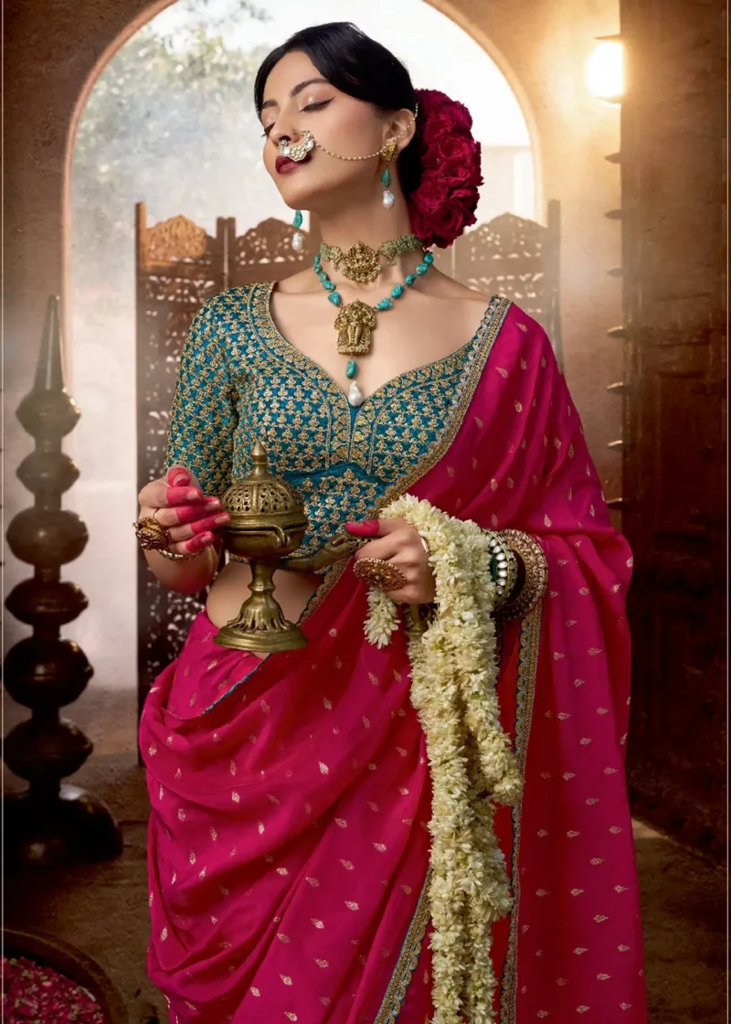 Rani Pink Banarasi Saree with Teal Blue Blouse - Image 4