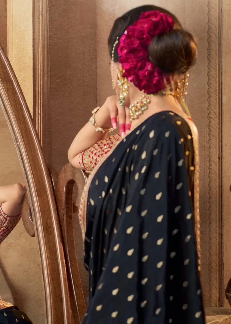 Midnight Black Banarasi Silk Saree with Maroon Blouse - Image 4