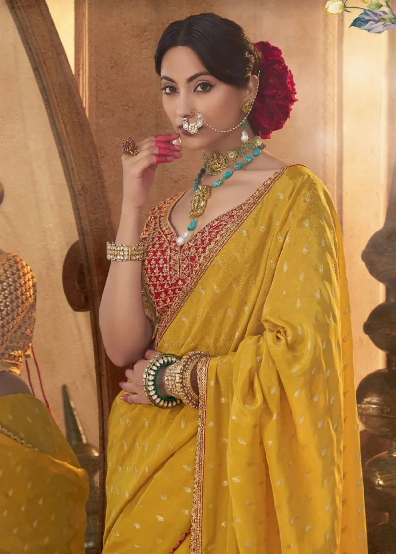 Mustard Yellow Banarasi Silk Saree with Embroidered Red Blouse - Image 2