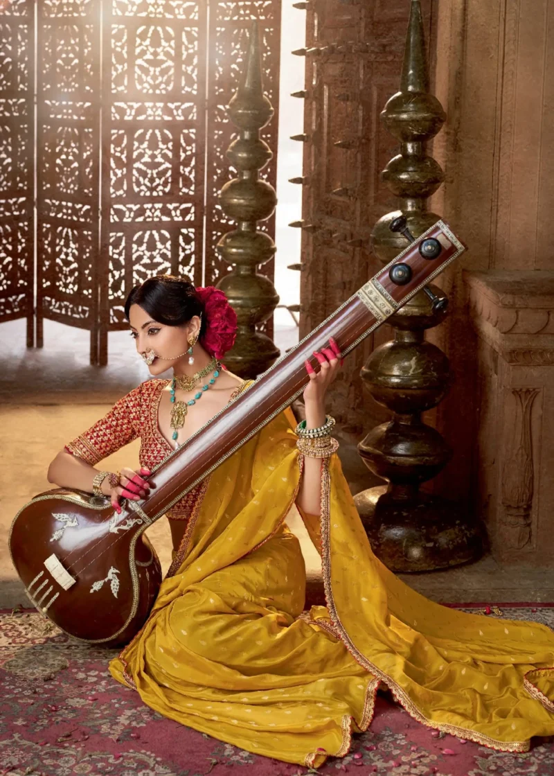 Mustard Yellow Banarasi Silk Saree with Embroidered Red Blouse - Image 6