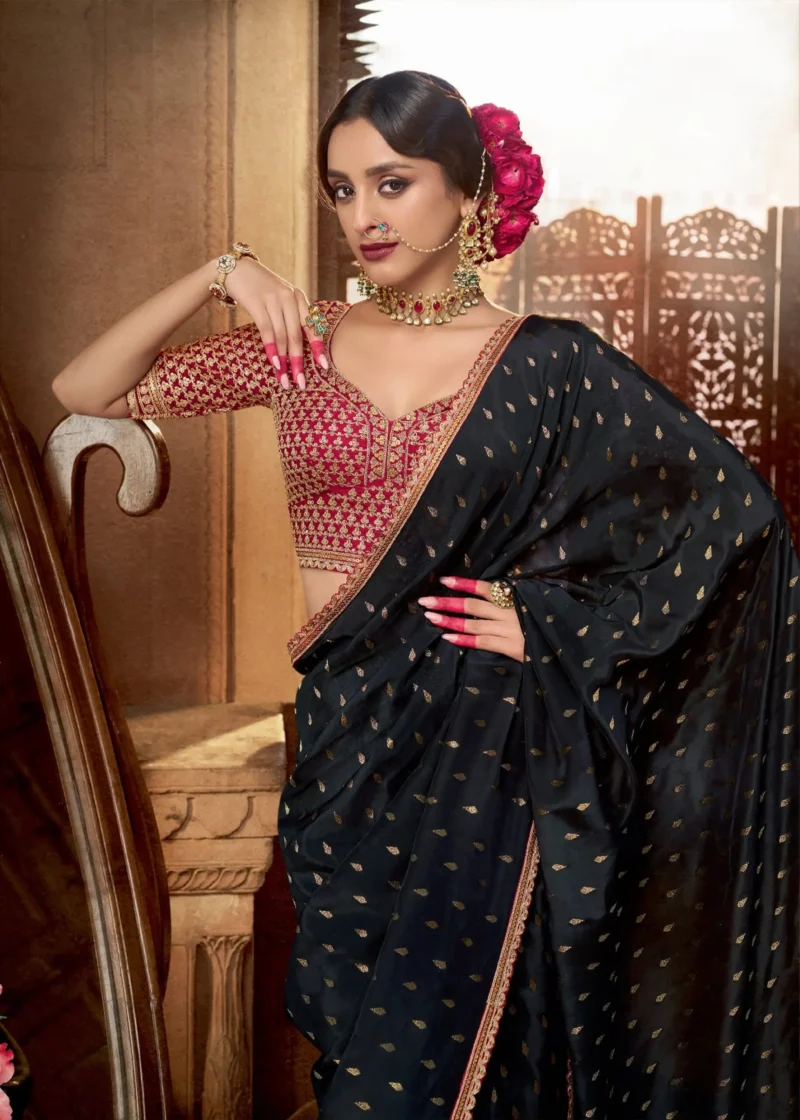 Midnight Black Banarasi Silk Saree with Maroon Blouse - Image 3