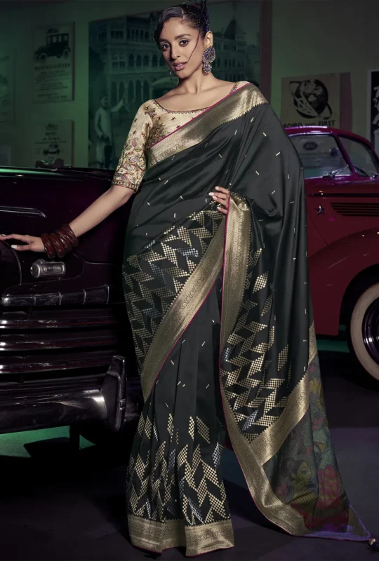 Black Banarasi Saree With Embroidered Blouse