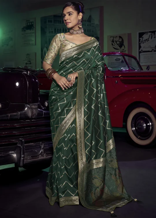 Emerald Green Banarasi Saree With Embroidered Blouse