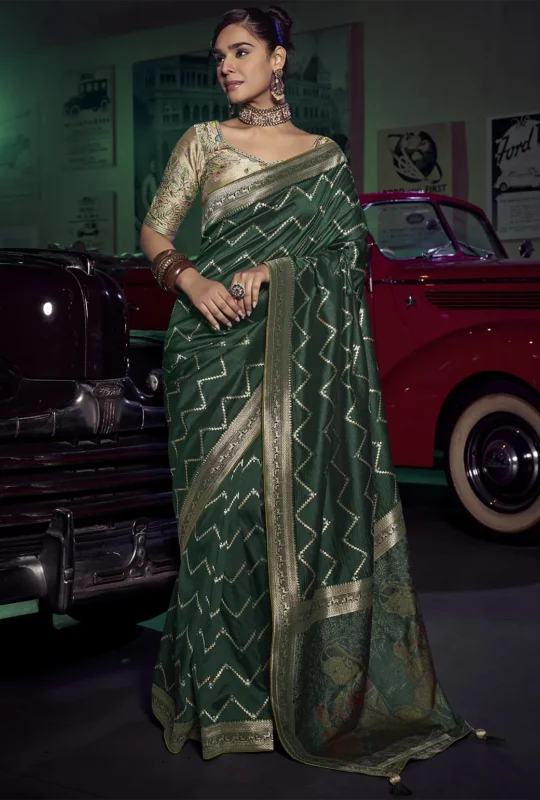 Emerald Green Banarasi Saree With Embroidered Blouse