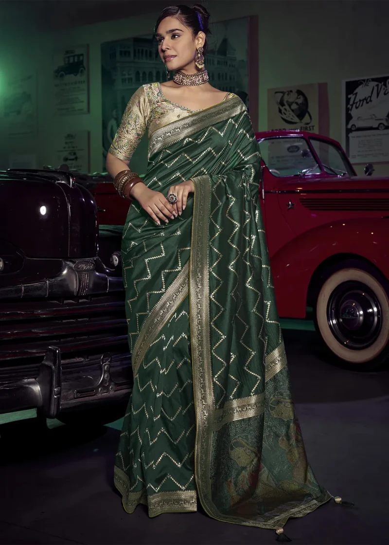 Emerald-Green-Banarasi-Saree-with-Embroidered-Blouse Emerald Green Banarasi Saree With Embroidered Blouse