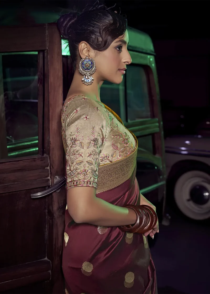 Maroon Banarasi Saree With Embroidered Blouse 2