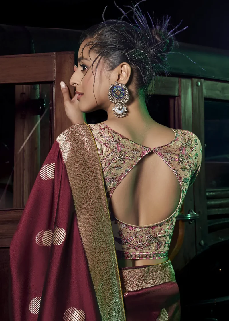 Maroon Banarasi Saree With Embroidered Blouse 3