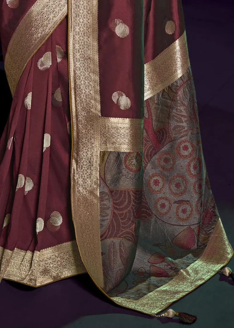 Maroon Banarasi Saree With Embroidered Blouse 5