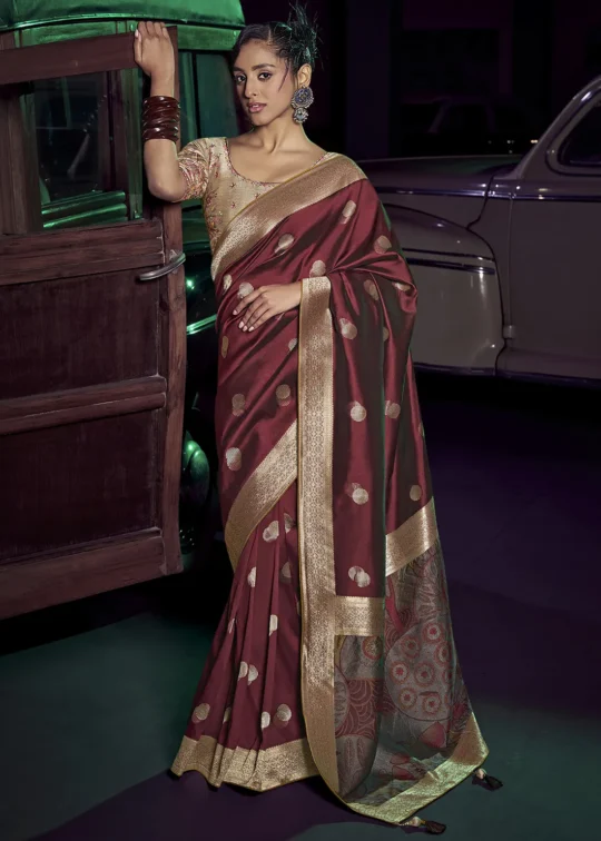 Maroon Banarasi Saree With Embroidered Blouse