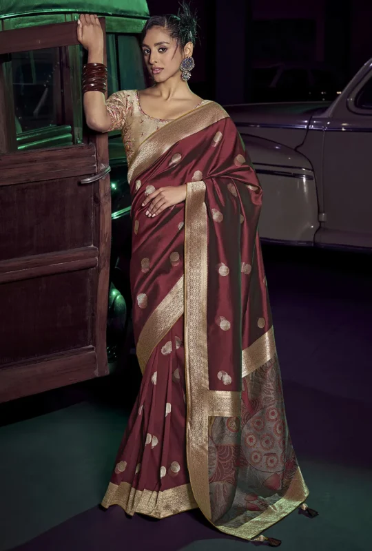 Maroon Banarasi Saree With Embroidered Blouse