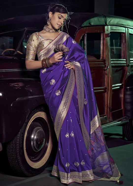 Purple Banarasi Saree With Embroidered Blouse