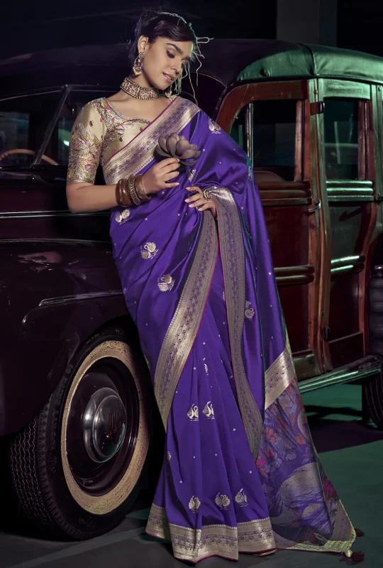 Purple Banarasi Saree With Embroidered Blouse