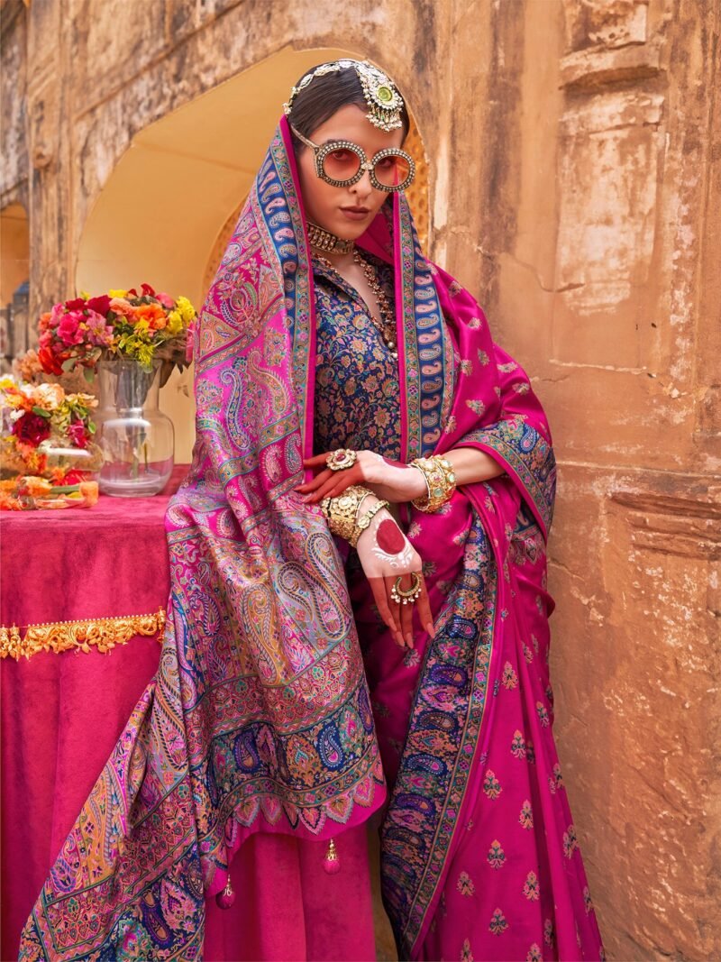 Rani Pink Soft Silk Butta & Pashmina Printed Saree - Image 3