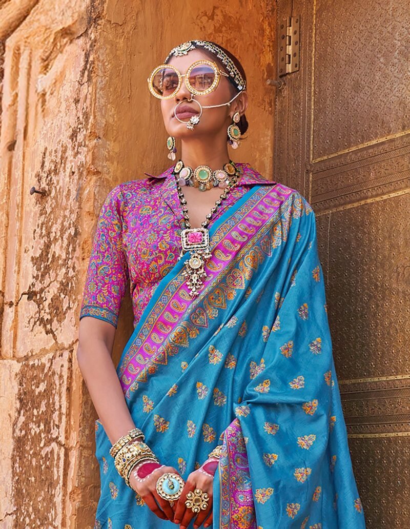Royal Blue Soft Silk Butta & Pashmina Printed Saree - Image 2