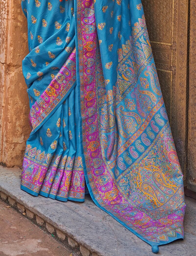 Royal Blue Soft Silk Butta & Pashmina Printed Saree - Image 4