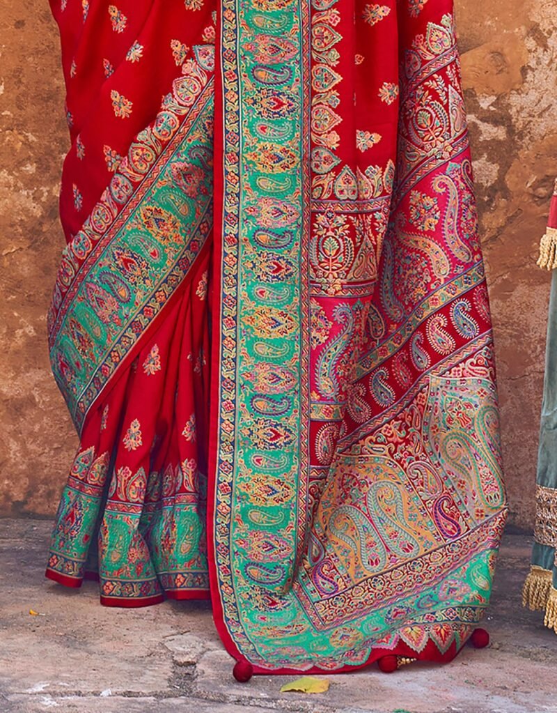 Red Soft Silk Butta & Pashmina Printed Saree - Image 4