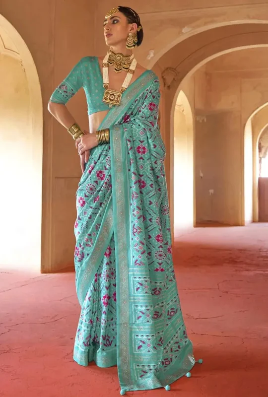 Sky Blue Pv Silk Party Wear Patola Work Saree Kashi Patola 9681