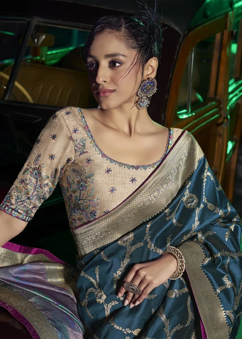 Teal Blue Banarasi Saree With Embroidered Blouse 2