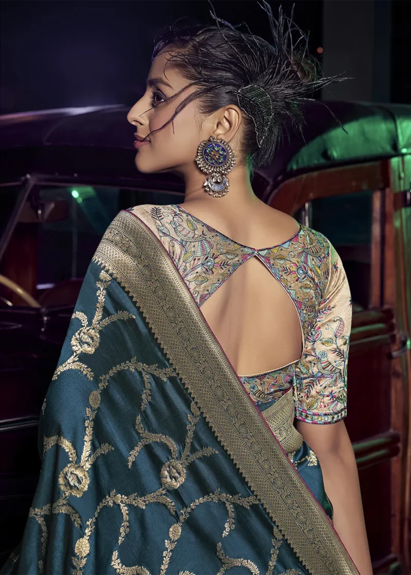 Teal Blue Banarasi Saree With Embroidered Blouse 3