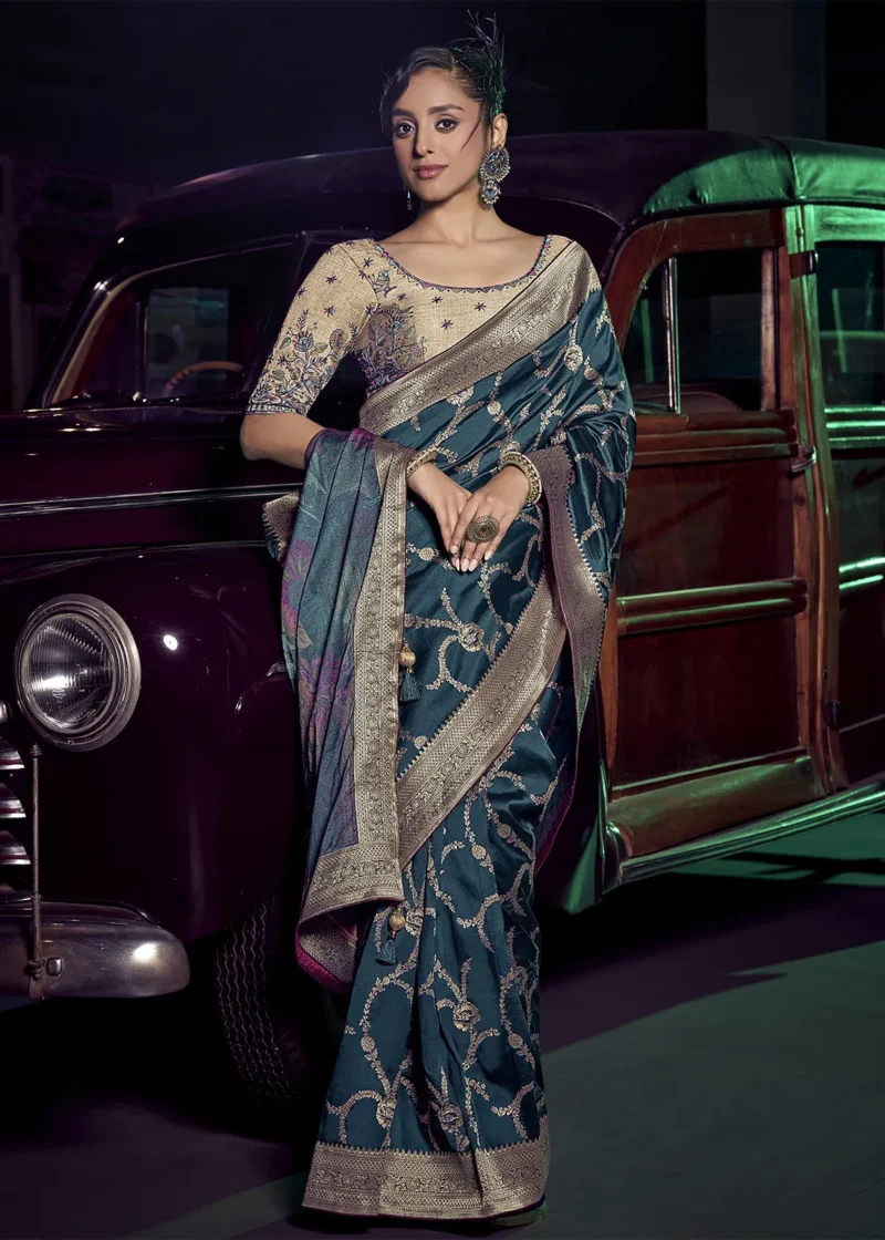 Teal Blue Banarasi Saree With Embroidered Blouse 4