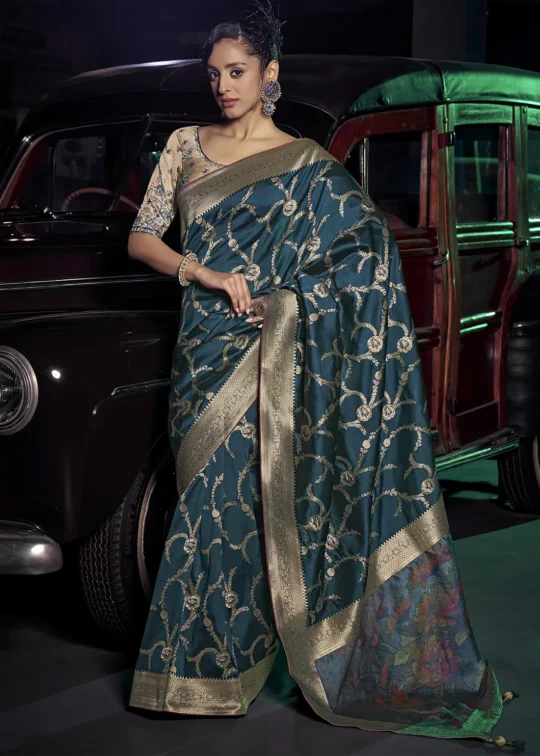 Teal Blue Banarasi Saree With Embroidered Blouse