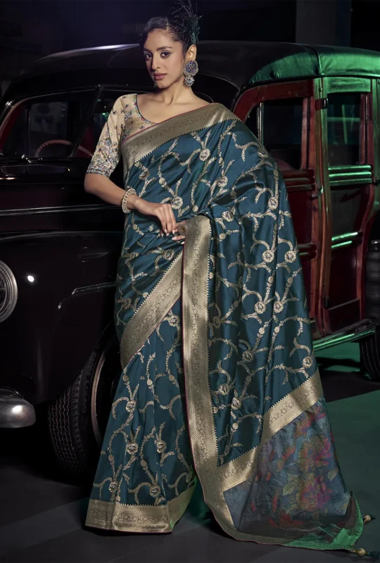 Teal Blue Banarasi Saree With Embroidered Blouse