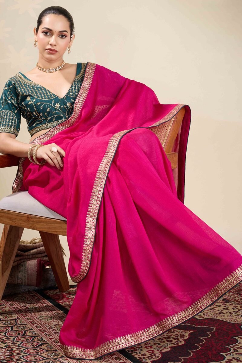 Baby Pink Graceful Vichitra Silk Saree With Embroidered Bordering 1753383985