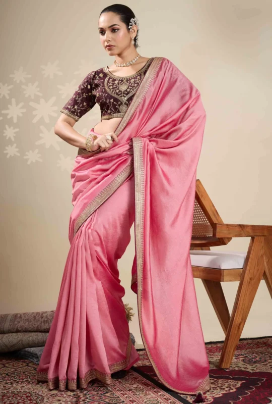 Baby Pink Graceful Vichitra Silk Saree With Embroidered Bordering 1753384302