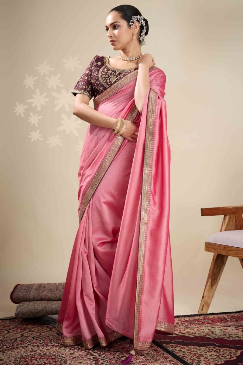 Baby Pink Graceful Vichitra Silk Saree With Embroidered Bordering 1753384321