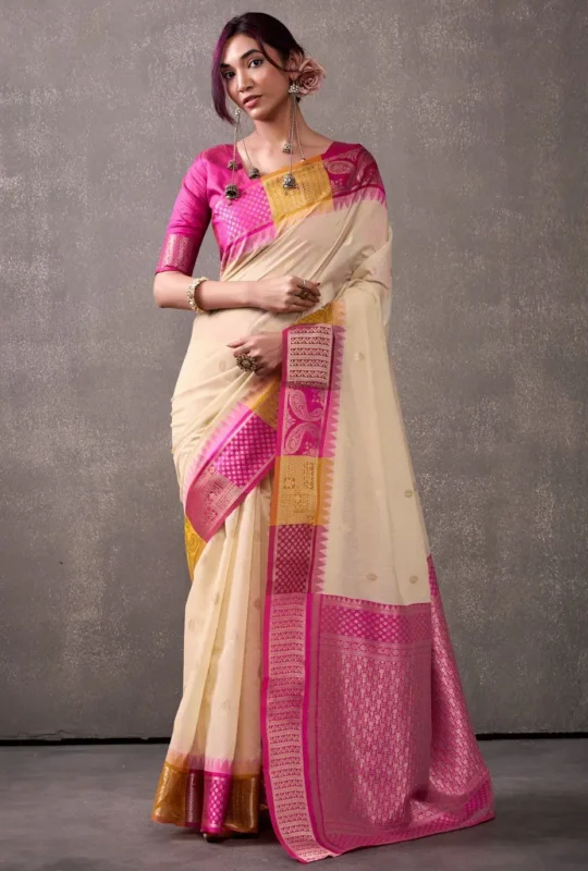 Cream Cotton Weaving Work Contemporary Sari For Ceremonial 320250 1000x1375