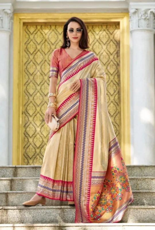Golden Beige Tissue Ikat Silk Saree 944923 2