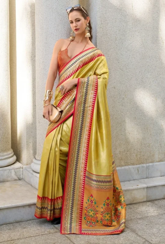 Golden Yellow Tissue Ikat Silk Saree 933281 2