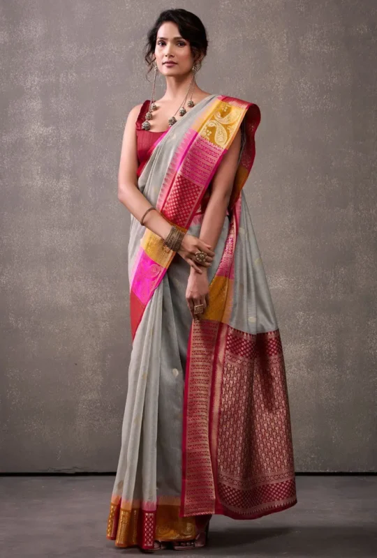 Grey Cotton Weaving Work Designer Sari For Ceremonial 320251 1000x1375