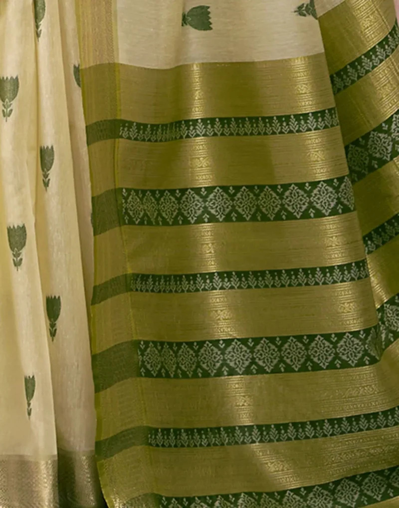Light Olive Modal Cotton Saree With Printed Motifs And Zari Border 1752332866