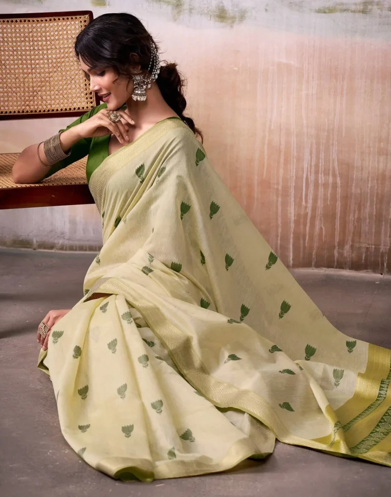 Light Olive Modal Cotton Saree With Printed Motifs And Zari Border 1752332868
