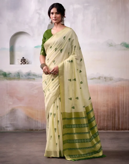 Light Olive Modal Cotton Saree With Printed Motifs And Zari Border 1752332871
