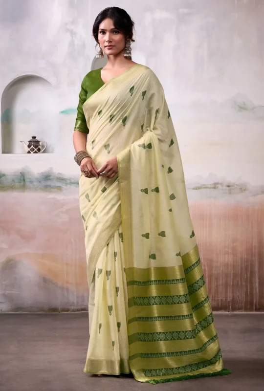 Light Olive Modal Cotton Saree With Printed Motifs And Zari Border 1752332871