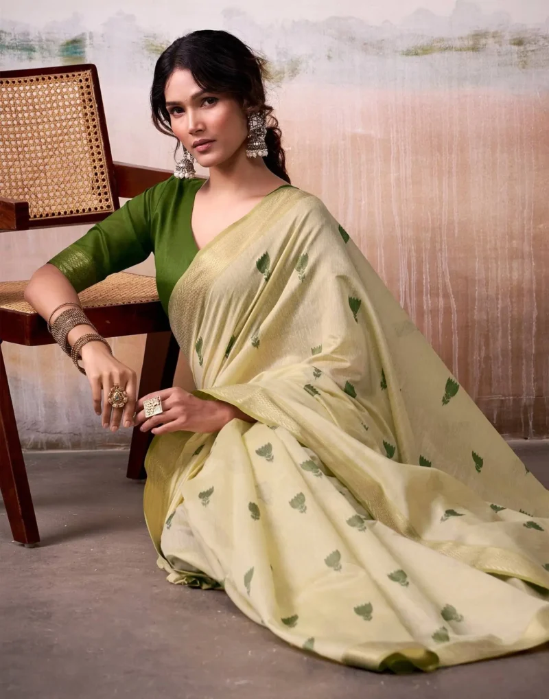 Light Olive Modal Cotton Saree With Printed Motifs And Zari Border 1752332873