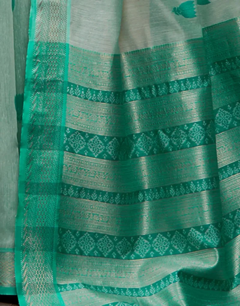 Light Olive Modal Cotton Saree With Printed Motifs And Zari Border 1752332879
