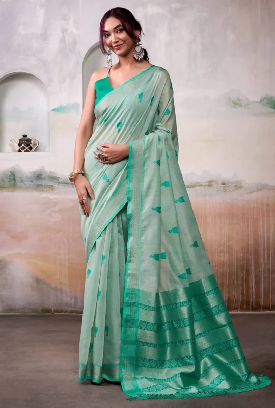 Light Olive Modal Cotton Saree With Printed Motifs And Zari Border 1752332881