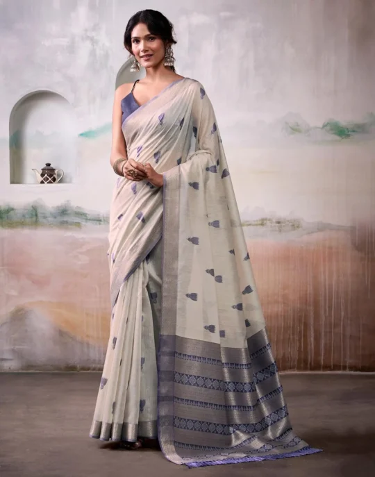 Light Olive Modal Cotton Saree With Printed Motifs And Zari Border 1752332887