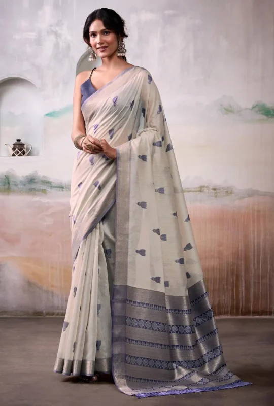 Light Olive Modal Cotton Saree With Printed Motifs And Zari Border 1752332887
