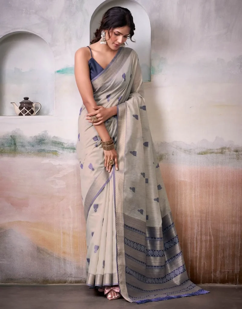 Light Olive Modal Cotton Saree With Printed Motifs And Zari Border 1752332889