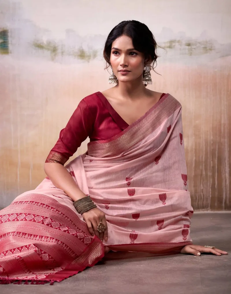 Light Olive Modal Cotton Saree With Printed Motifs And Zari Border 1752332905