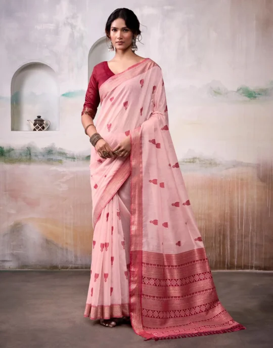 Light Olive Modal Cotton Saree With Printed Motifs And Zari Border 1752332907