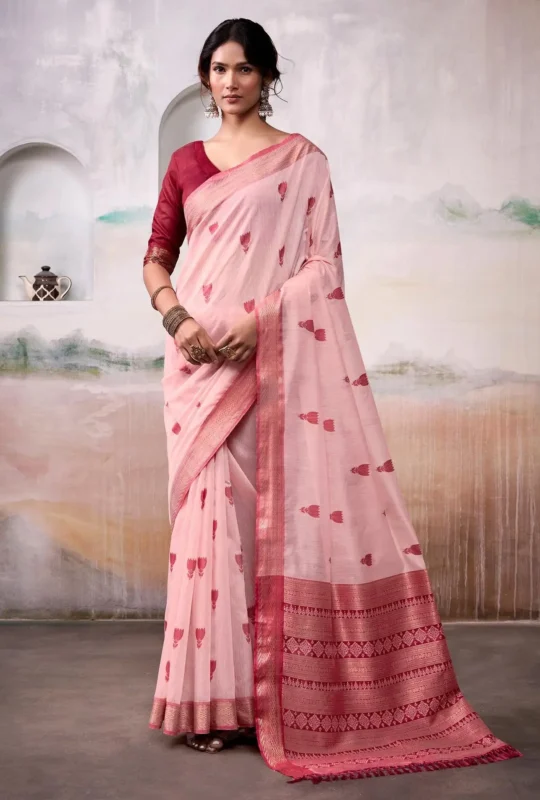Light Olive Modal Cotton Saree With Printed Motifs And Zari Border 1752332907