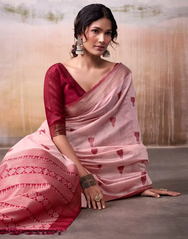 Light Olive Modal Cotton Saree With Printed Motifs And Zari Border 1752332911